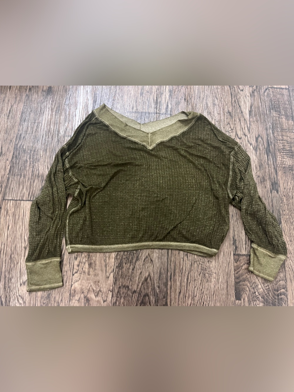 We The Free Olive Green Ribbed Long Sleeve Top with Contrast Trim